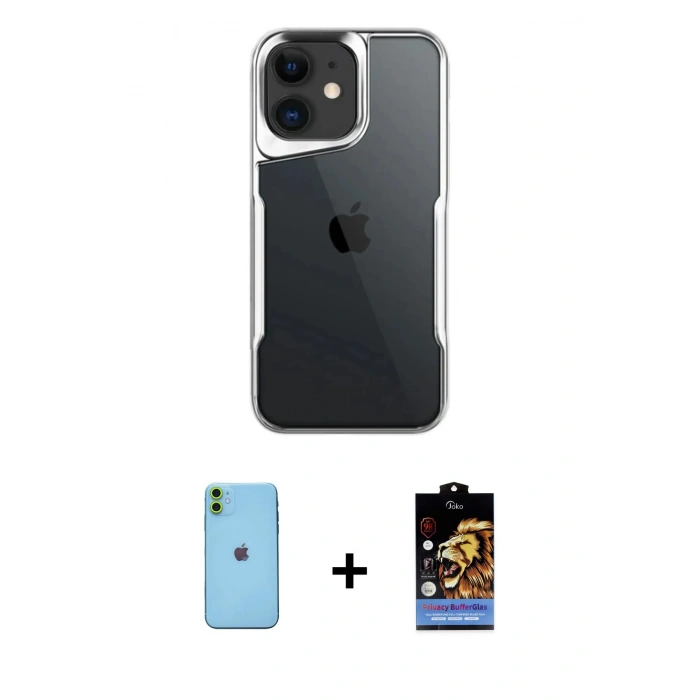 MARSİLYAN™- iPhone 11 Kılıf Akış Çizgi Koleksiyonu - Siyah Buffer Hayalet Cam Ekran Koruyucu + Yeşil Neon Fosforlu Kamera Lens