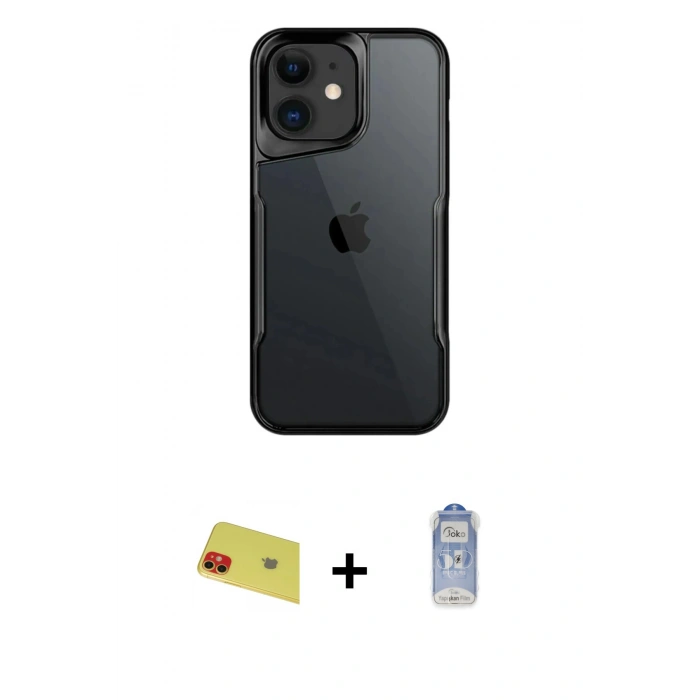 MARSİLYAN™- iPhone 11 Kılıf Akış Çizgi Koleksiyonu - Siyah Joko Magic 5D Cam + Kırmızı Rainbow Kamera Lens Koruma Cam