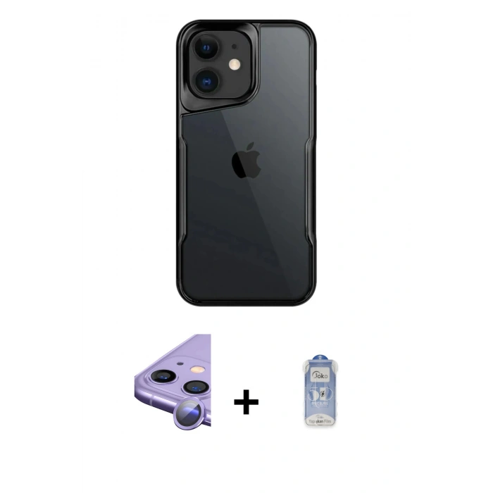 MARSİLYAN™- iPhone 11 Kılıf Akış Çizgi Koleksiyonu - Siyah Joko Magic 5D Cam + Mor Raze Metal Kamera Lens