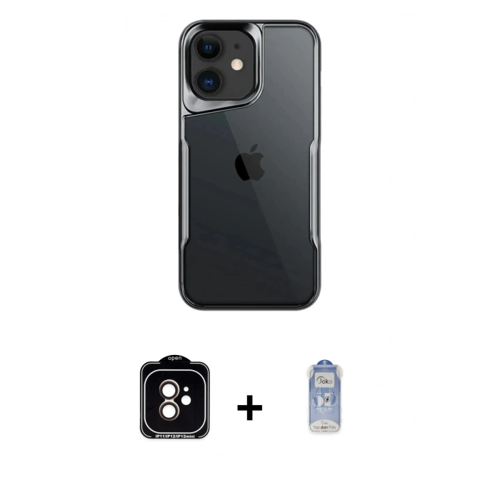 MARSİLYAN™- iPhone 11 Kılıf Akış Çizgi Koleksiyonu - Siyah Joko Magic 5D Cam + Turuncu PVD Metal Kamera Lens