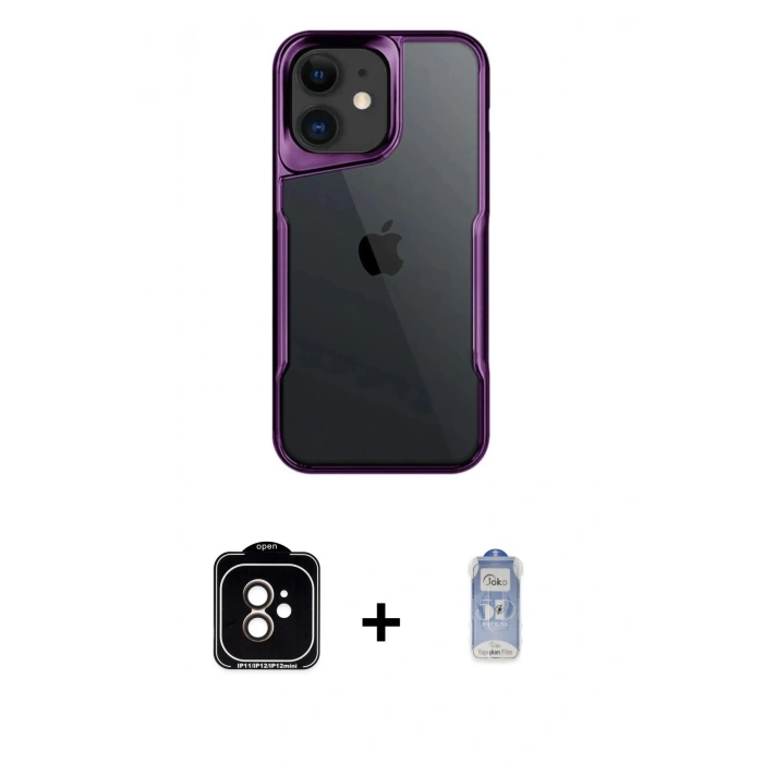 MARSİLYAN™- iPhone 11 Kılıf Akış Çizgi Koleksiyonu - Siyah Joko Magic 5D Cam + Turuncu PVD Metal Kamera Lens