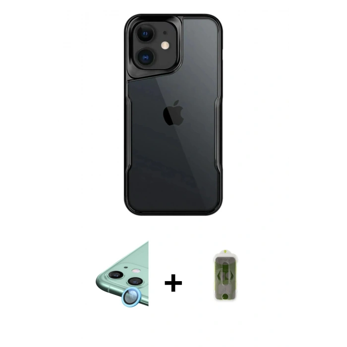 MARSİLYAN™- iPhone 11 Kılıf Akış Çizgi Koleksiyonu - Siyah Joko Magic 5D Hayalet Cam + Raze Metal Kamera Lens - MI