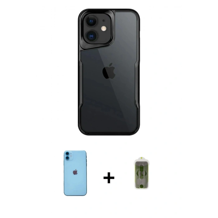 MARSİLYAN™- iPhone 11 Kılıf Akış Çizgi Koleksiyonu - Siyah Joko Magic 5D Hayalet Cam + Neon Fosforlu Kamera Lens - MI
