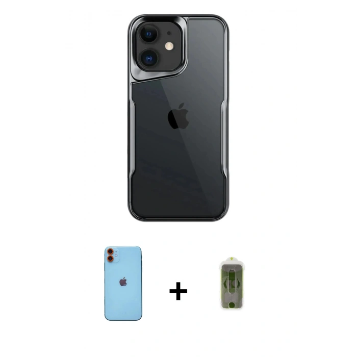 MARSİLYAN™- iPhone 11 Kılıf Akış Çizgi Koleksiyonu - Siyah Joko Magic 5D Hayalet Cam + Neon Fosforlu Kamera Lens - TU