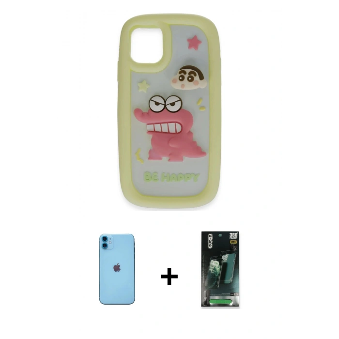 MARSİLYAN™- iPhone 11 Kılıf Akış Yansıma - Şeffaf 360 Full Body Arka Koruyucu + Neon Fosforlu Kamera Lens - MI