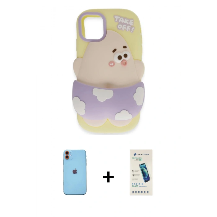 MARSİLYAN™- iPhone 11 Kılıf Akış Yansıma - Şeffaf Pasifik Cam Ekran Koruyucu + Neon Fosforlu Kamera Lens - TU