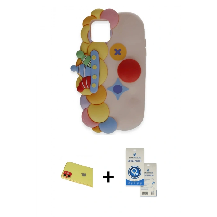 MARSİLYAN™- iPhone 11 Kılıf Akış Yansıma - Şeffaf Royal Nano Ekran Koruyucu + Rainbow Kamera Lens Koruma Cam - KI