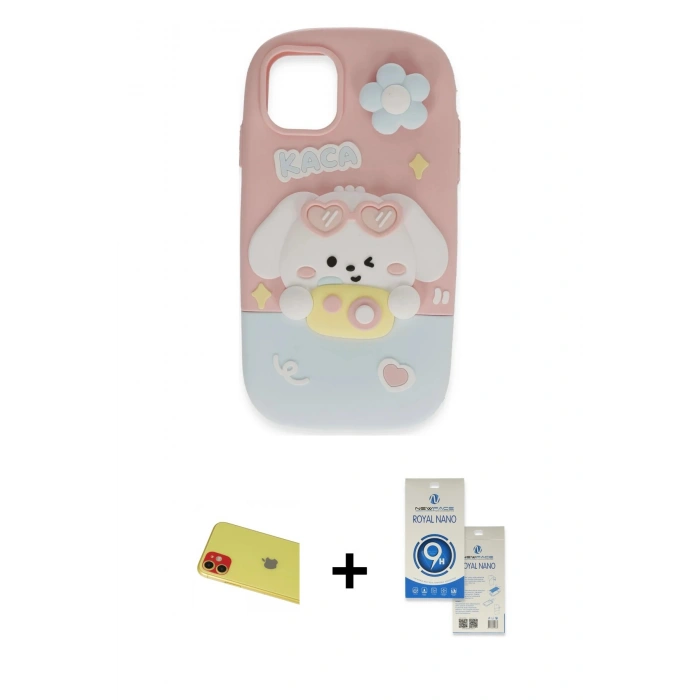 MARSİLYAN™- iPhone 11 Kılıf Akış Yansıma - Şeffaf Royal Nano Ekran Koruyucu + Rainbow Kamera Lens Koruma Cam - KI