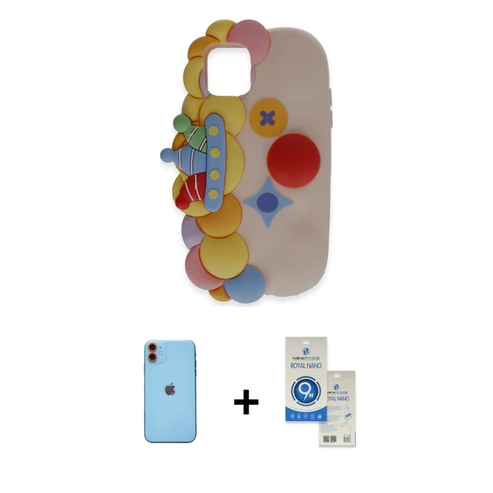 MARSİLYAN™- iPhone 11 Kılıf Akış Yansıma - Şeffaf Royal Nano Ekran Koruyucu + Neon Fosforlu Kamera Lens - TU