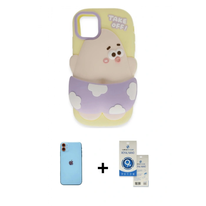 MARSİLYAN™- iPhone 11 Kılıf Akış Yansıma - Şeffaf Royal Nano Ekran Koruyucu + Neon Fosforlu Kamera Lens - TU