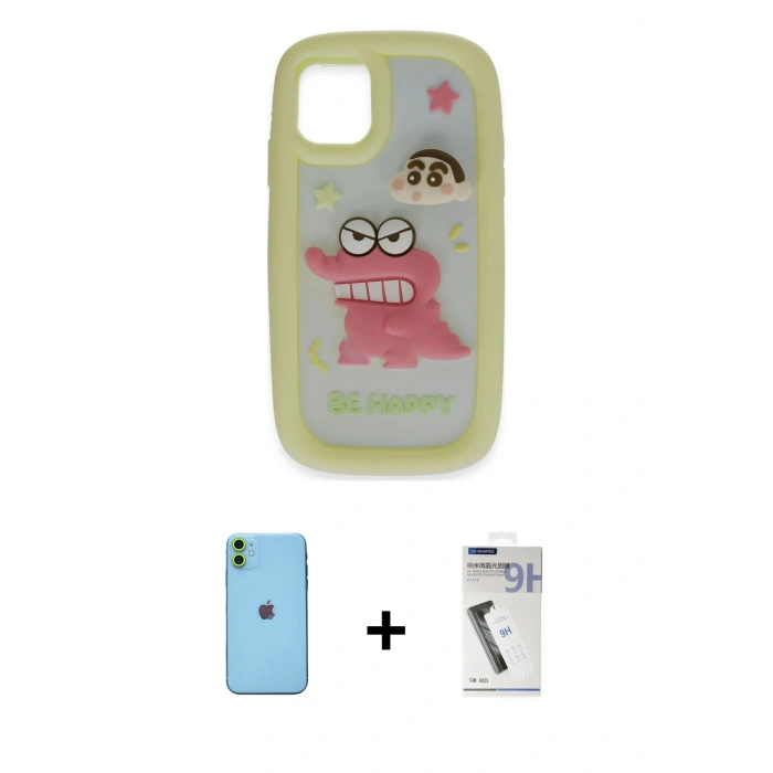 MARSİLYAN™- iPhone 11 Kılıf Akış Yansıma - Şeffaf Uv Polymer Nano Ekran Koruyucu + Neon Fosforlu Kamera Lens - YL