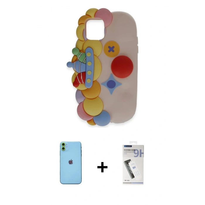 MARSİLYAN™- iPhone 11 Kılıf Akış Yansıma - Şeffaf Uv Polymer Nano Ekran Koruyucu + Neon Fosforlu Kamera Lens - YL