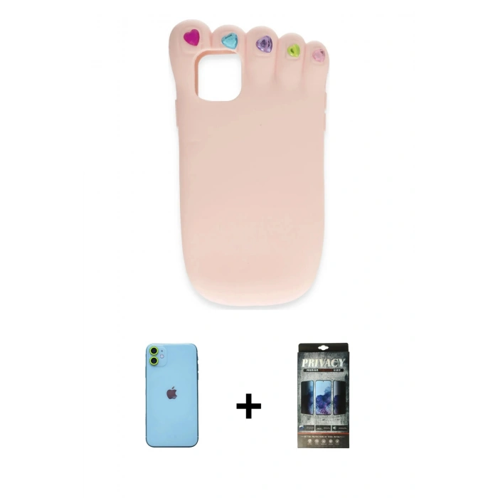 MARSİLYAN™- iPhone 11 Kılıf Akış Yansıma - Siyah 34D Hayalet Izgaralı Cam + Neon Fosforlu Kamera Lens - YL