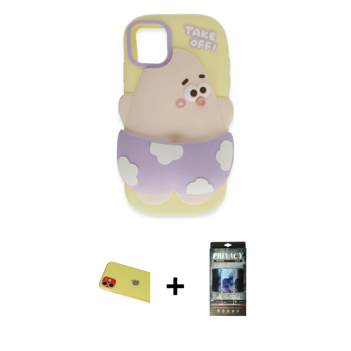 MARSİLYAN™- iPhone 11 Kılıf Akış Yansıma - Siyah 34D Hayalet Izgaralı Cam + Rainbow Kamera Lens Koruma Cam - KI
