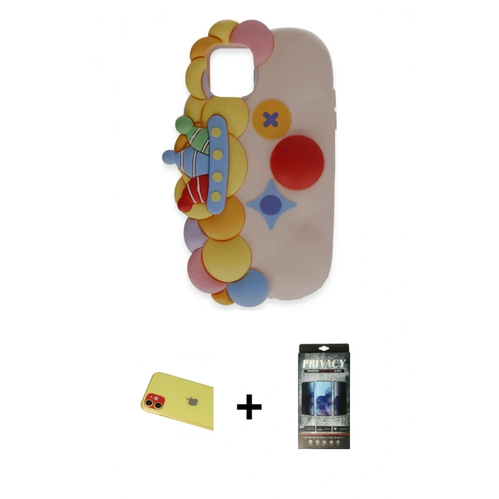 MARSİLYAN™- iPhone 11 Kılıf Akış Yansıma - Siyah 34D Hayalet Izgaralı Cam + Rainbow Kamera Lens Koruma Cam - KI