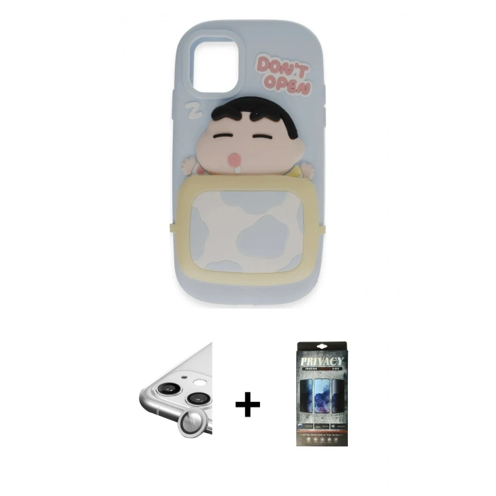 MARSİLYAN™- iPhone 11 Kılıf Akış Yansıma - Siyah 34D Hayalet Izgaralı Cam + Raze Metal Kamera Lens - GS