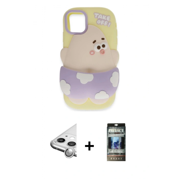 MARSİLYAN™- iPhone 11 Kılıf Akış Yansıma - Siyah 34D Hayalet Izgaralı Cam + Raze Metal Kamera Lens - GS