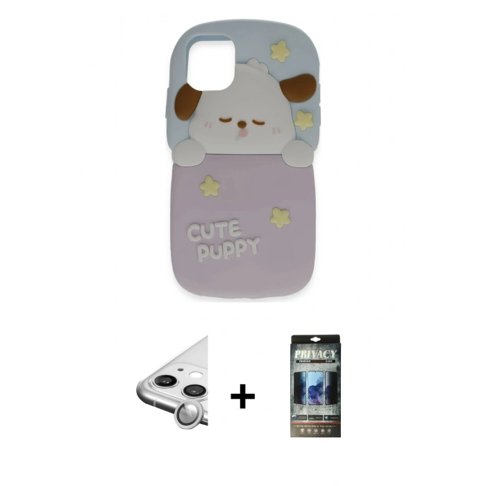 MARSİLYAN™- iPhone 11 Kılıf Akış Yansıma - Siyah 34D Hayalet Izgaralı Cam + Raze Metal Kamera Lens - GS