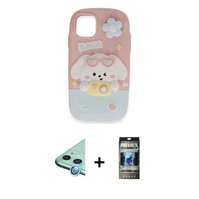MARSİLYAN™- iPhone 11 Kılıf Akış Yansıma - Siyah 34D Hayalet Izgaralı Cam + Raze Metal Kamera Lens - MI
