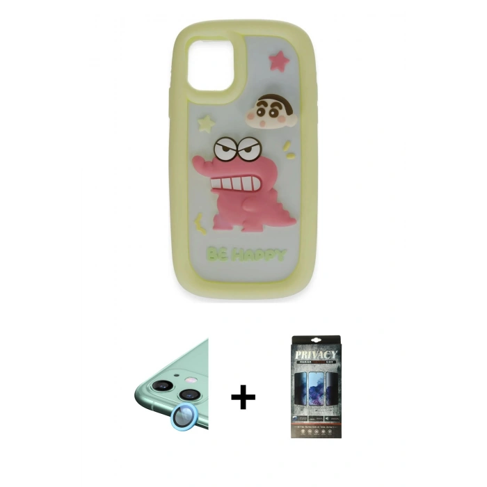 MARSİLYAN™- iPhone 11 Kılıf Akış Yansıma - Siyah 34D Hayalet Izgaralı Cam + Raze Metal Kamera Lens - MI