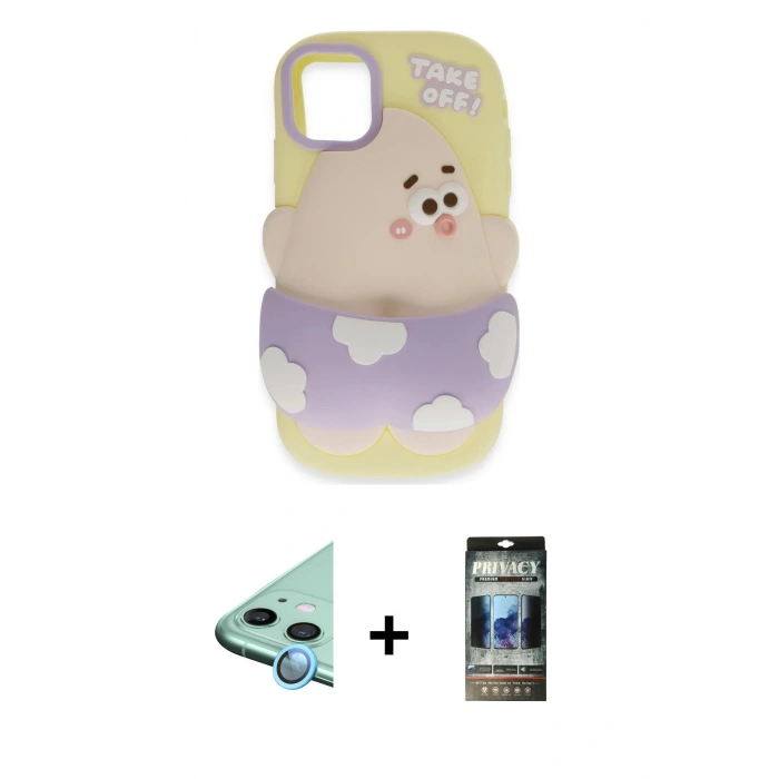 MARSİLYAN™- iPhone 11 Kılıf Akış Yansıma - Siyah 34D Hayalet Izgaralı Cam + Raze Metal Kamera Lens - MI
