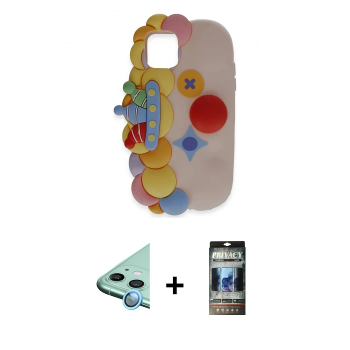 MARSİLYAN™- iPhone 11 Kılıf Akış Yansıma - Siyah 34D Hayalet Izgaralı Cam + Raze Metal Kamera Lens - MI