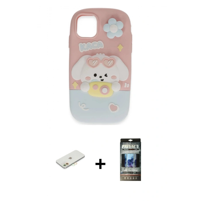 MARSİLYAN™- iPhone 11 Kılıf Akış Yansıma - Siyah 34D Hayalet Izgaralı Cam + Renkli Kamera Lens Koruma Cam - TU