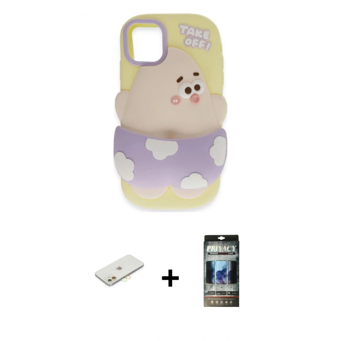 MARSİLYAN™- iPhone 11 Kılıf Akış Yansıma - Siyah 34D Hayalet Izgaralı Cam + Renkli Kamera Lens Koruma Cam - TU