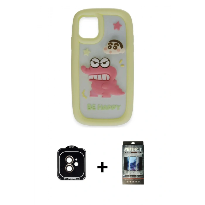 MARSİLYAN™- iPhone 11 Kılıf Akış Yansıma - Siyah 34D Hayalet Izgaralı Cam + PVD Metal Kamera Lens - TU