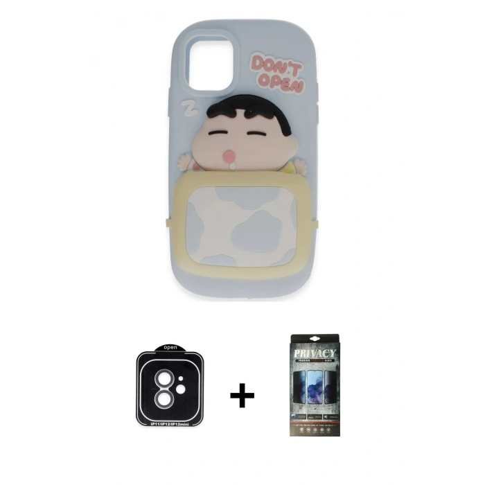 MARSİLYAN™- iPhone 11 Kılıf Akış Yansıma - Siyah 34D Hayalet Izgaralı Cam + PVD Metal Kamera Lens - YL