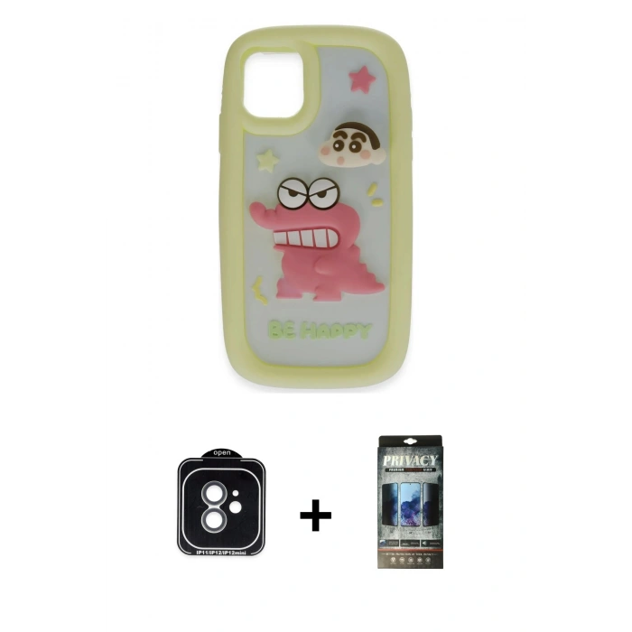 MARSİLYAN™- iPhone 11 Kılıf Akış Yansıma - Siyah 34D Hayalet Izgaralı Cam + PVD Metal Kamera Lens - YL