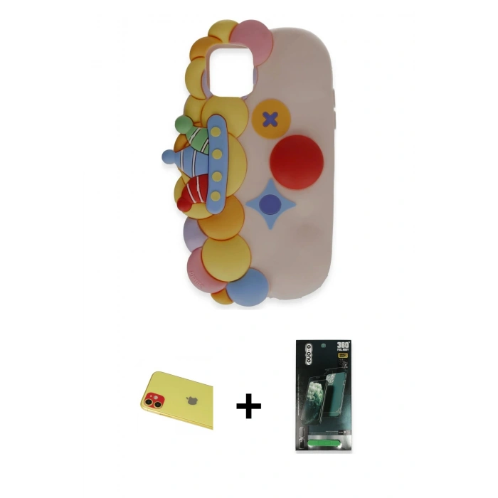 MARSİLYAN™- iPhone 11 Kılıf Akış Yansıma - Siyah 360 Mat Full Body Arka Koruyucu + Rainbow Kamera Lens Koruma Cam - KI