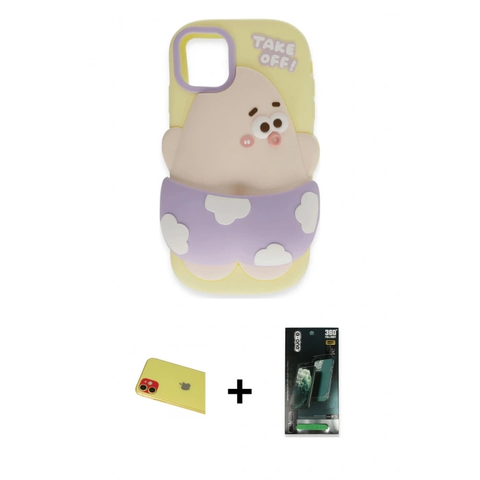 MARSİLYAN™- iPhone 11 Kılıf Akış Yansıma - Siyah 360 Mat Full Body Arka Koruyucu + Rainbow Kamera Lens Koruma Cam - KI