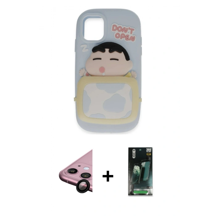 MARSİLYAN™- iPhone 11 Kılıf Akış Yansıma - Siyah 360 Mat Full Body Arka Koruyucu + Raze Metal Kamera Lens - SH