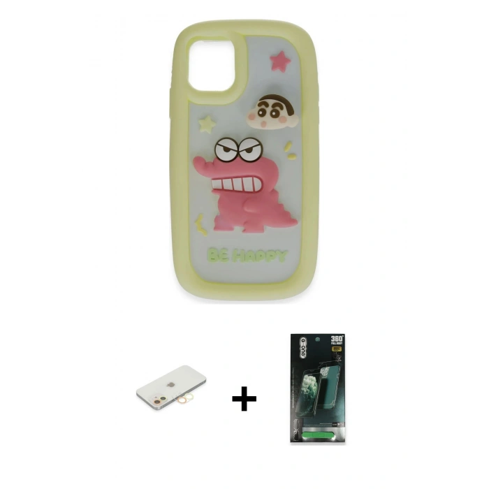 MARSİLYAN™- iPhone 11 Kılıf Akış Yansıma - Siyah 360 Mat Full Body Arka Koruyucu + Renkli Kamera Lens Koruma Cam - SI