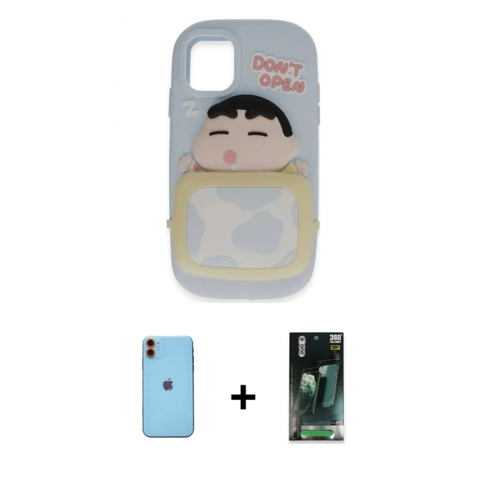 MARSİLYAN™- iPhone 11 Kılıf Akış Yansıma - Siyah 360 Mat Full Body Arka Koruyucu + Neon Fosforlu Kamera Lens - TU