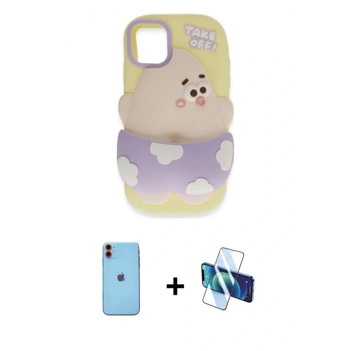 MARSİLYAN™- iPhone 11 Kılıf Akış Yansıma - Siyah 3D Antistatik Cam Ekran Koruyucu + Neon Fosforlu Kamera Lens - TU