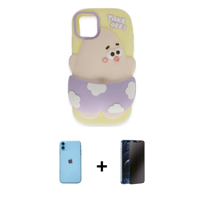 MARSİLYAN™- iPhone 11 Kılıf Akış Yansıma - Siyah 3D Antistatik Hayalet Cam Ekran Koruyucu + Neon Fosforlu Kamera Lens - MI