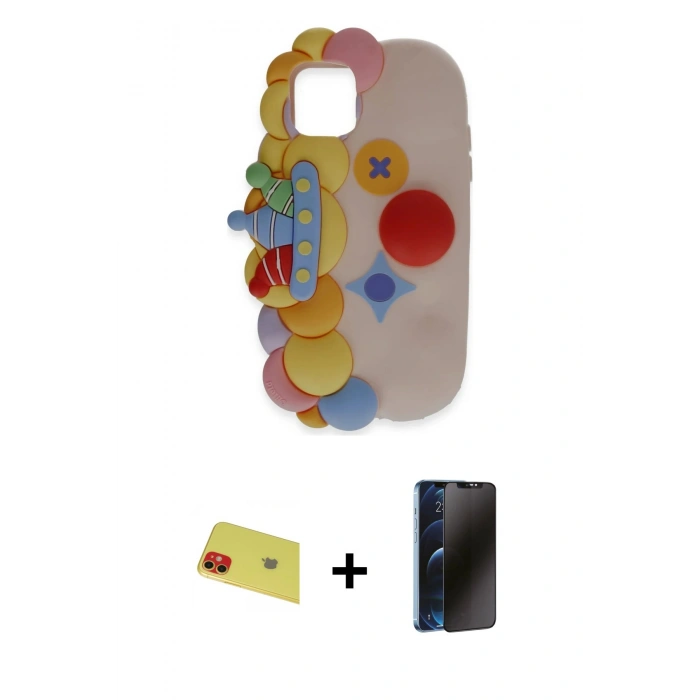 MARSİLYAN™- iPhone 11 Kılıf Akış Yansıma - Siyah 3D Antistatik Hayalet Cam Ekran Koruyucu + Rainbow Kamera Lens Koruma Cam - KI