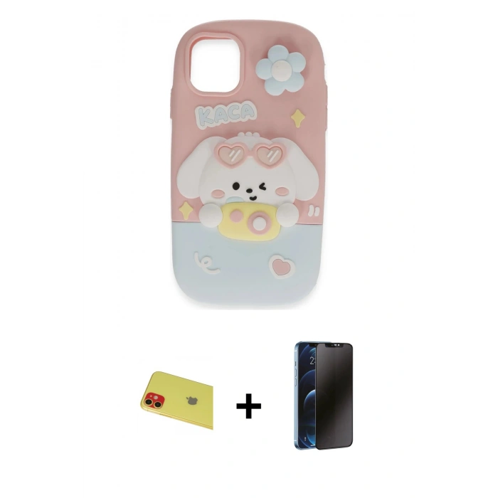 MARSİLYAN™- iPhone 11 Kılıf Akış Yansıma - Siyah 3D Antistatik Hayalet Cam Ekran Koruyucu + Rainbow Kamera Lens Koruma Cam - KI
