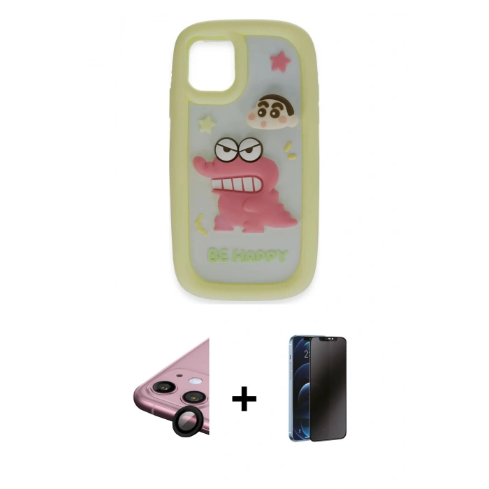 MARSİLYAN™- iPhone 11 Kılıf Akış Yansıma - Siyah 3D Antistatik Hayalet Cam Ekran Koruyucu + Raze Metal Kamera Lens - SH