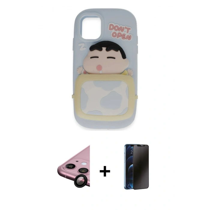 MARSİLYAN™- iPhone 11 Kılıf Akış Yansıma - Siyah 3D Antistatik Hayalet Cam Ekran Koruyucu + Raze Metal Kamera Lens - SH