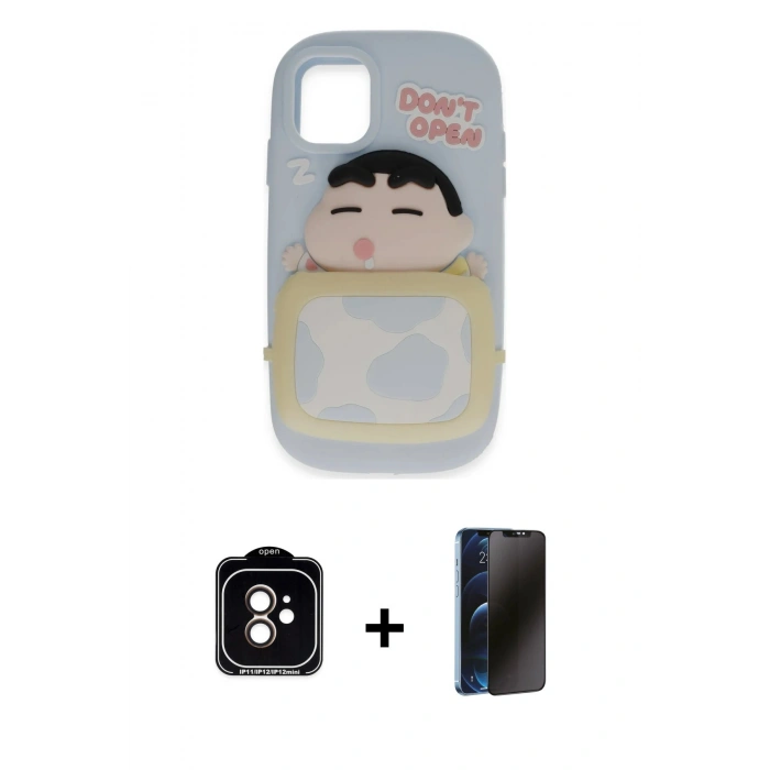 MARSİLYAN™- iPhone 11 Kılıf Akış Yansıma - Siyah 3D Antistatik Hayalet Cam Ekran Koruyucu + PVD Metal Kamera Lens - TU