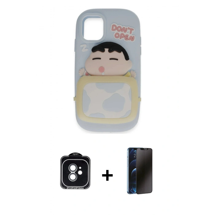 MARSİLYAN™- iPhone 11 Kılıf Akış Yansıma - Siyah 3D Antistatik Hayalet Cam Ekran Koruyucu + PVD Metal Kamera Lens - YL