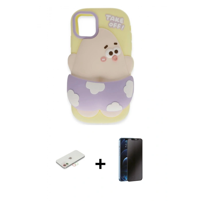 MARSİLYAN™- iPhone 11 Kılıf Akış Yansıma - Siyah 3D Antistatik Hayalet Cam Ekran Koruyucu + Renkli Kamera Lens Koruma Cam - YL