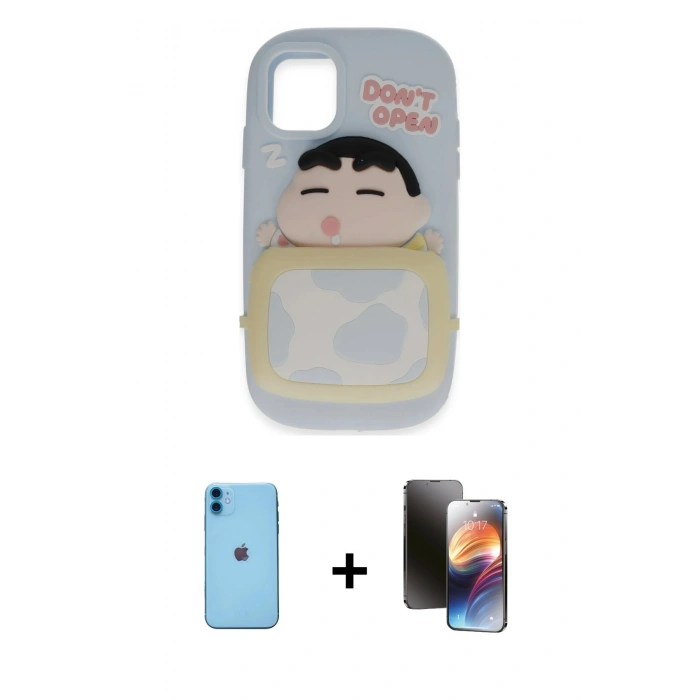 MARSİLYAN™- iPhone 11 Kılıf Akış Yansıma - Siyah 3D Antistatik Mat Seramik Nano Ekran Koruyucu + Neon Fosforlu Kamera Lens - MI