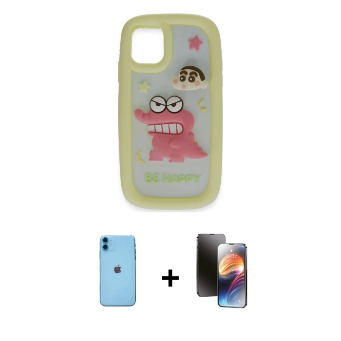 MARSİLYAN™- iPhone 11 Kılıf Akış Yansıma - Siyah 3D Antistatik Mat Seramik Nano Ekran Koruyucu + Neon Fosforlu Kamera Lens - MI