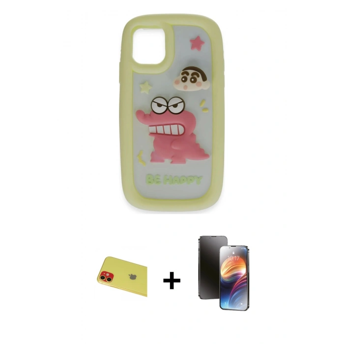 MARSİLYAN™- iPhone 11 Kılıf Akış Yansıma - Siyah 3D Antistatik Mat Seramik Nano Ekran Koruyucu + Rainbow Kamera Lens Koruma Cam - KI