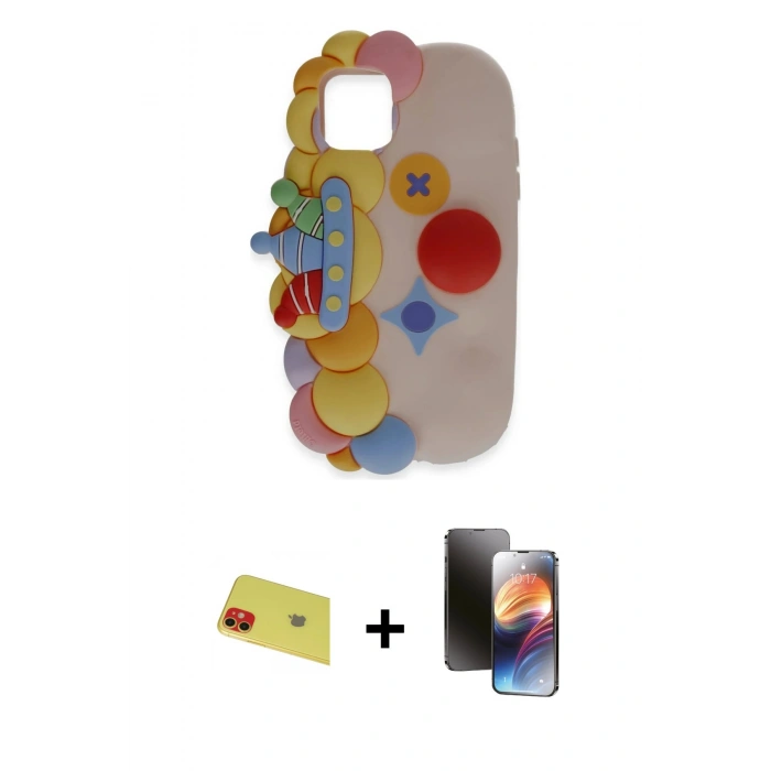 MARSİLYAN™- iPhone 11 Kılıf Akış Yansıma - Siyah 3D Antistatik Mat Seramik Nano Ekran Koruyucu + Rainbow Kamera Lens Koruma Cam - KI
