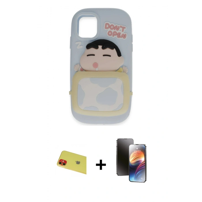 MARSİLYAN™- iPhone 11 Kılıf Akış Yansıma - Siyah 3D Antistatik Mat Seramik Nano Ekran Koruyucu + Rainbow Kamera Lens Koruma Cam - KI
